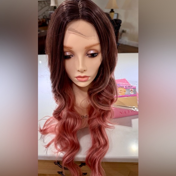 HAIR, 28” Long Layers, Lace at Center Part, Ombre Brown/Pink - Picture 7 of 11